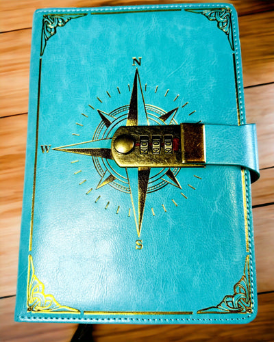 Notizbuch Premium mit Zahlenschloss A5 - Vintage-Stil mit Kompass, Japanisches Design, Schreibwaren für Studenten und Geschäft. Personalisierung mit Gravur