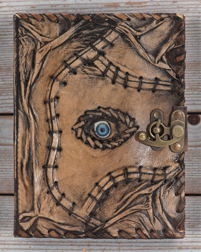 Braunes Ledernotizbuch – Böses Auge (20 x 15 cm) | 160 Seiten mit gealterten Kanten
