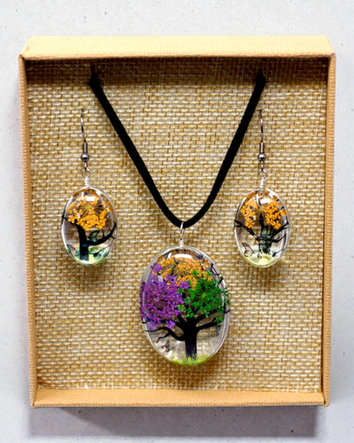 Kaleidoskop der Natur – Schmuckset mit getrockneten Blumen, Baum des Lebens, Farbmix