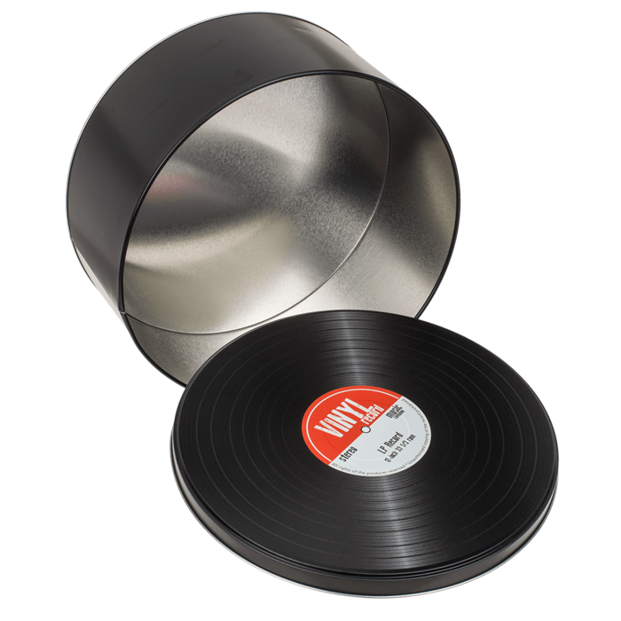 Metallboxen, stilisiert als Vinylplatten im Retro-Stil, Möglichkeit zur Personalisierung durch Gravur