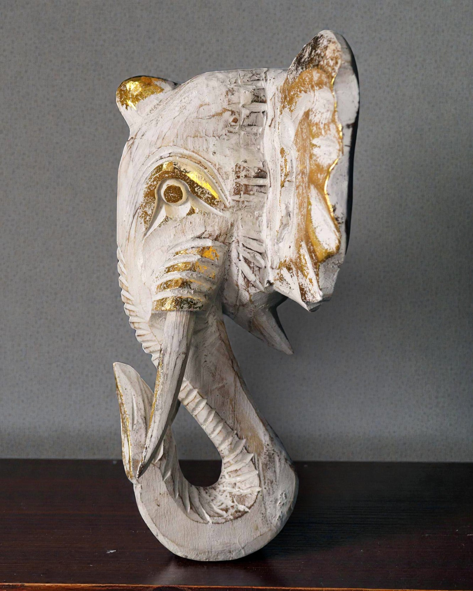 Großer Elefantenkopf 29x26 cm – Weiß und Gold