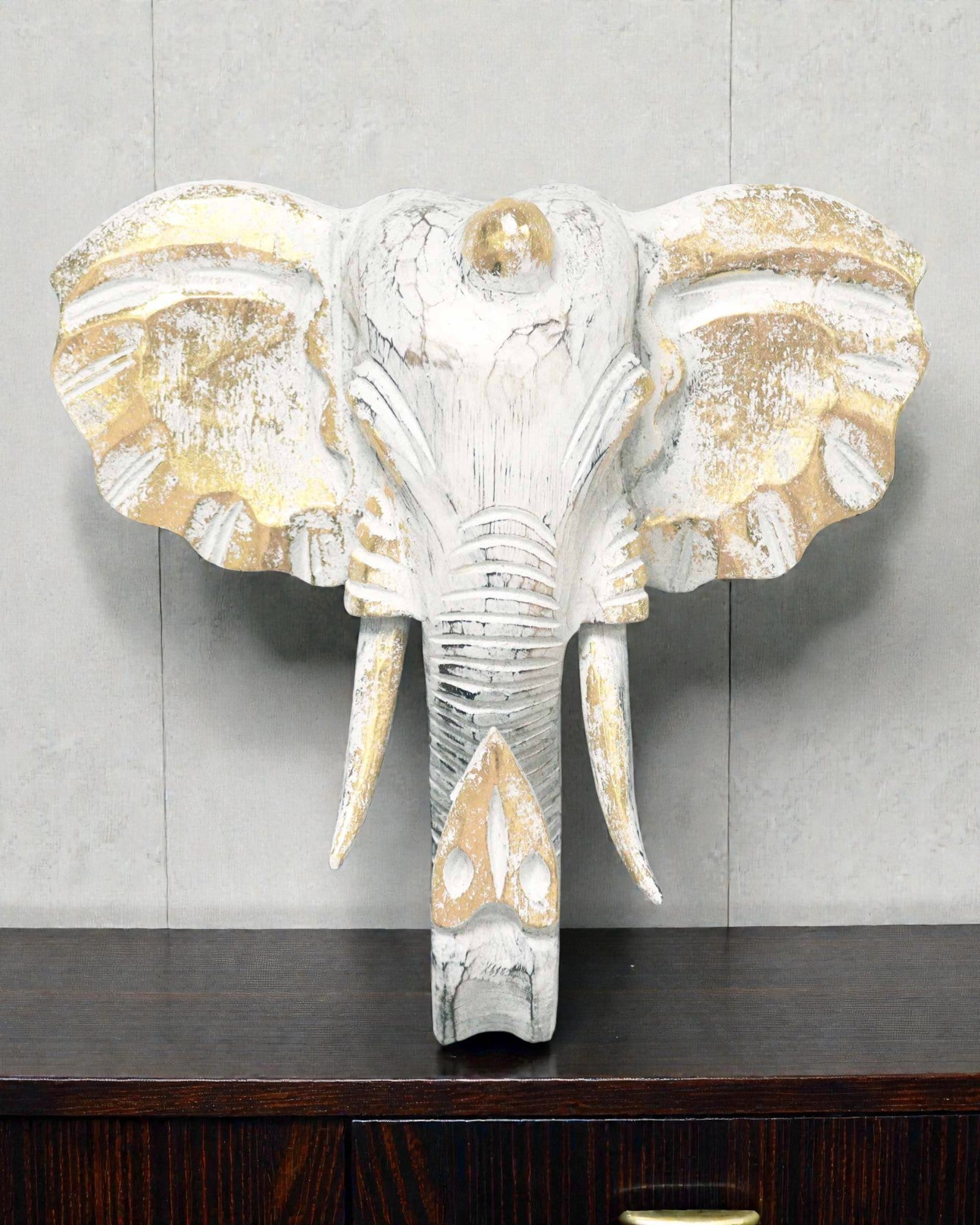Großer Elefantenkopf 29x26 cm – Weiß und Gold