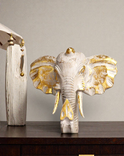 Großer Elefantenkopf 29x26 cm – Weiß und Gold
